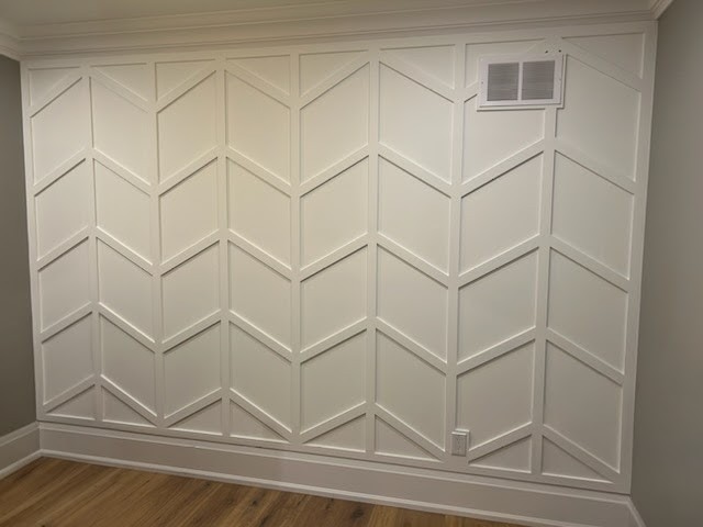 Herringbone geometric feature wall bedroom
