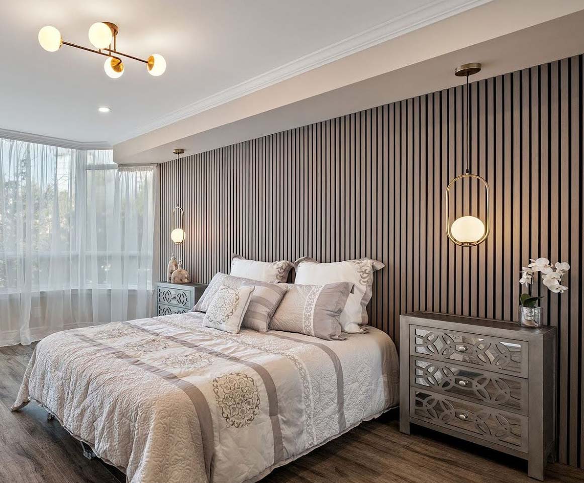 Wood stained slat wall feature