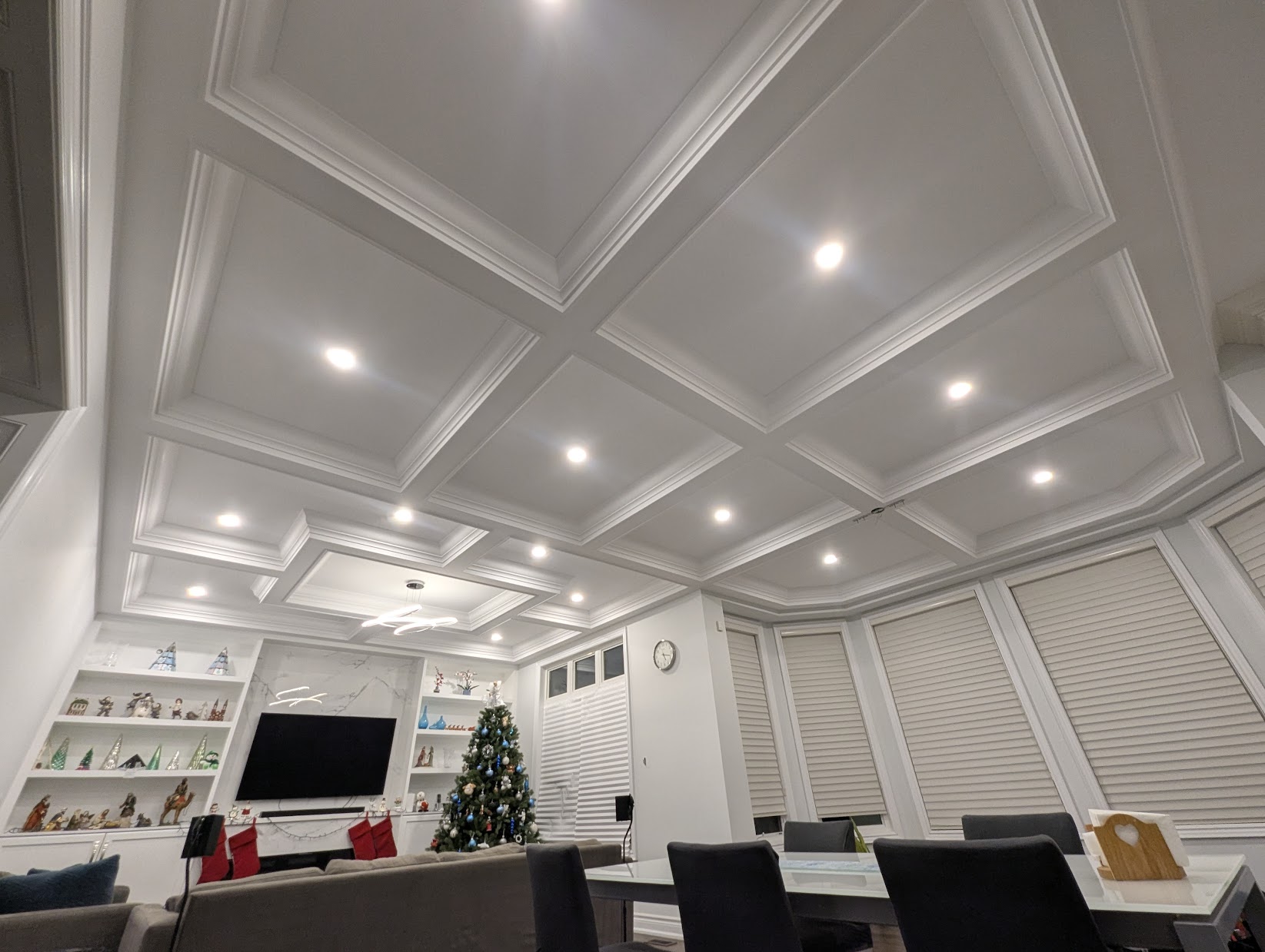 Coffered ceiling in a Toronto home with a recessed beam grid