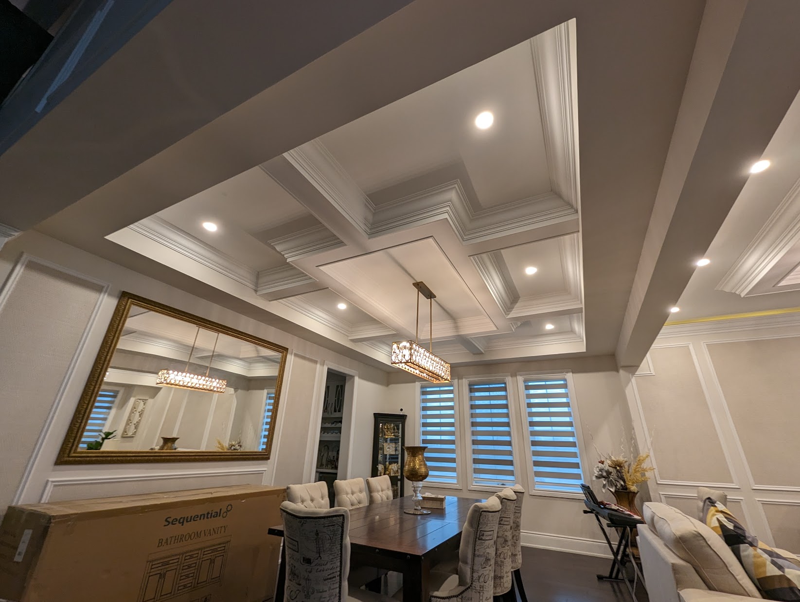 Coffered ceiling with integrated pot lights, Toronto living room install