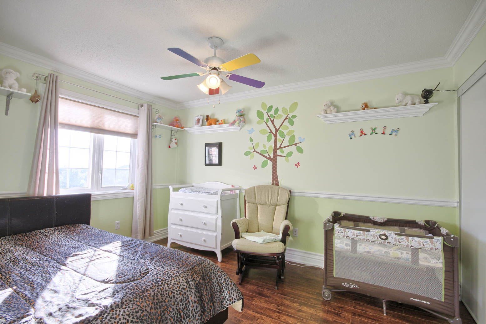 Crown moulding bedroom install with shelf detail, Aurora family home
