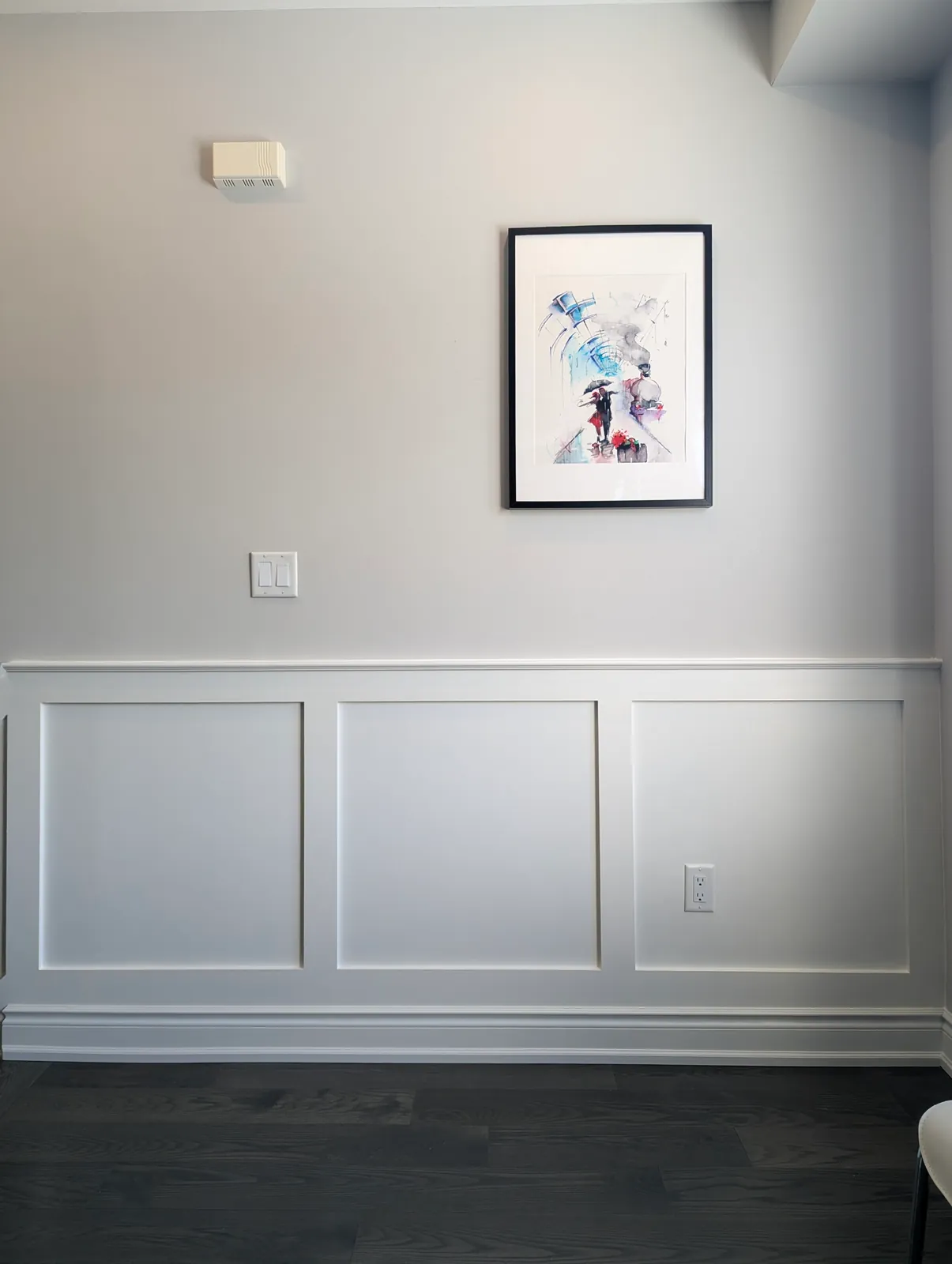 White Shaker-style flat-panel wainscoting with a cap rail on a grey wall, a framed watercolour above, dark hardwood floor