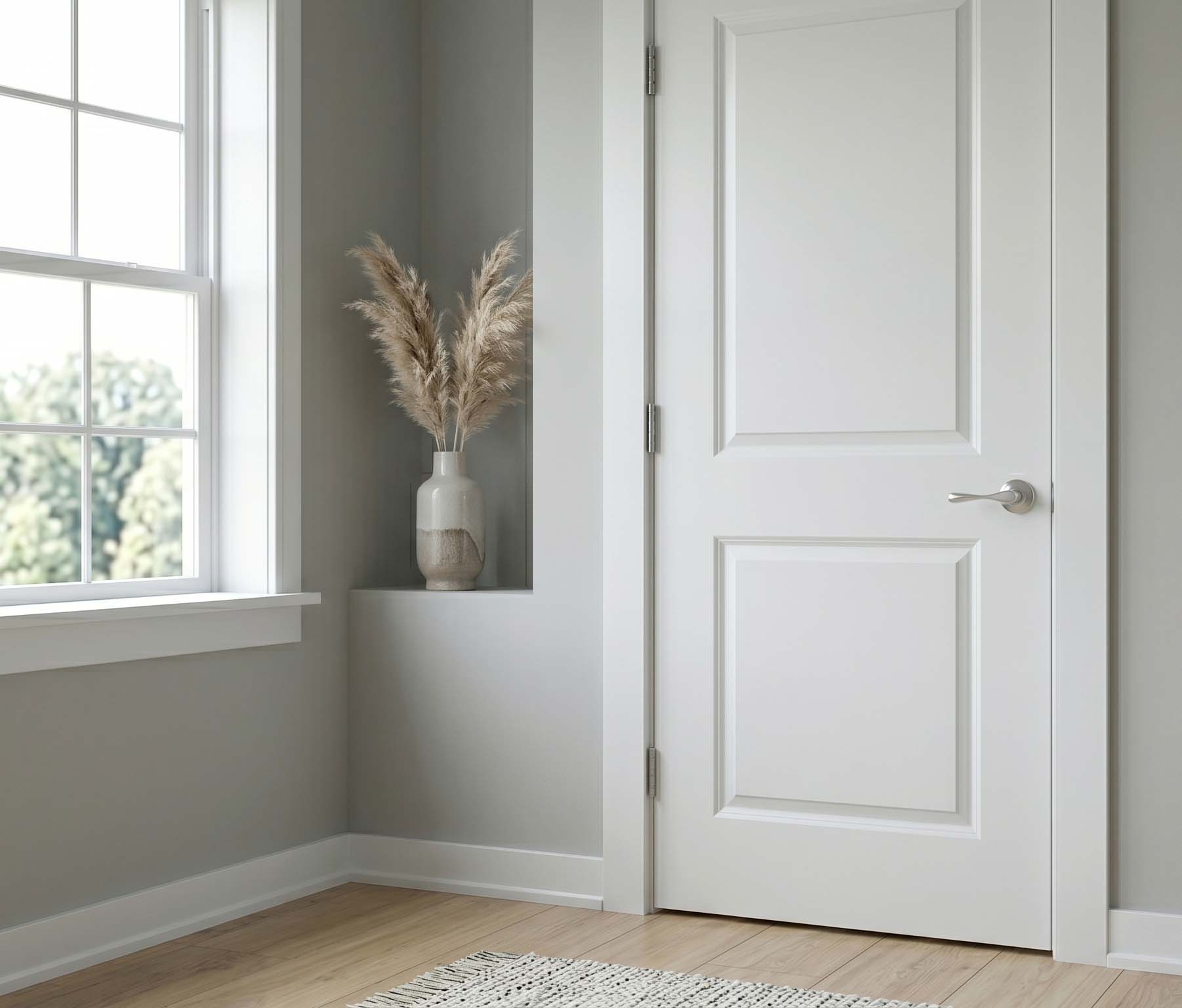 White 2-panel interior door with standard baseboard and window casing — Toronto trim package