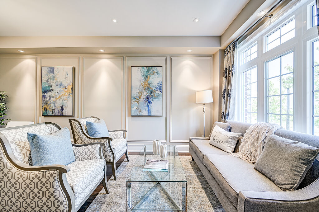 Raised panel wainscoting in living room